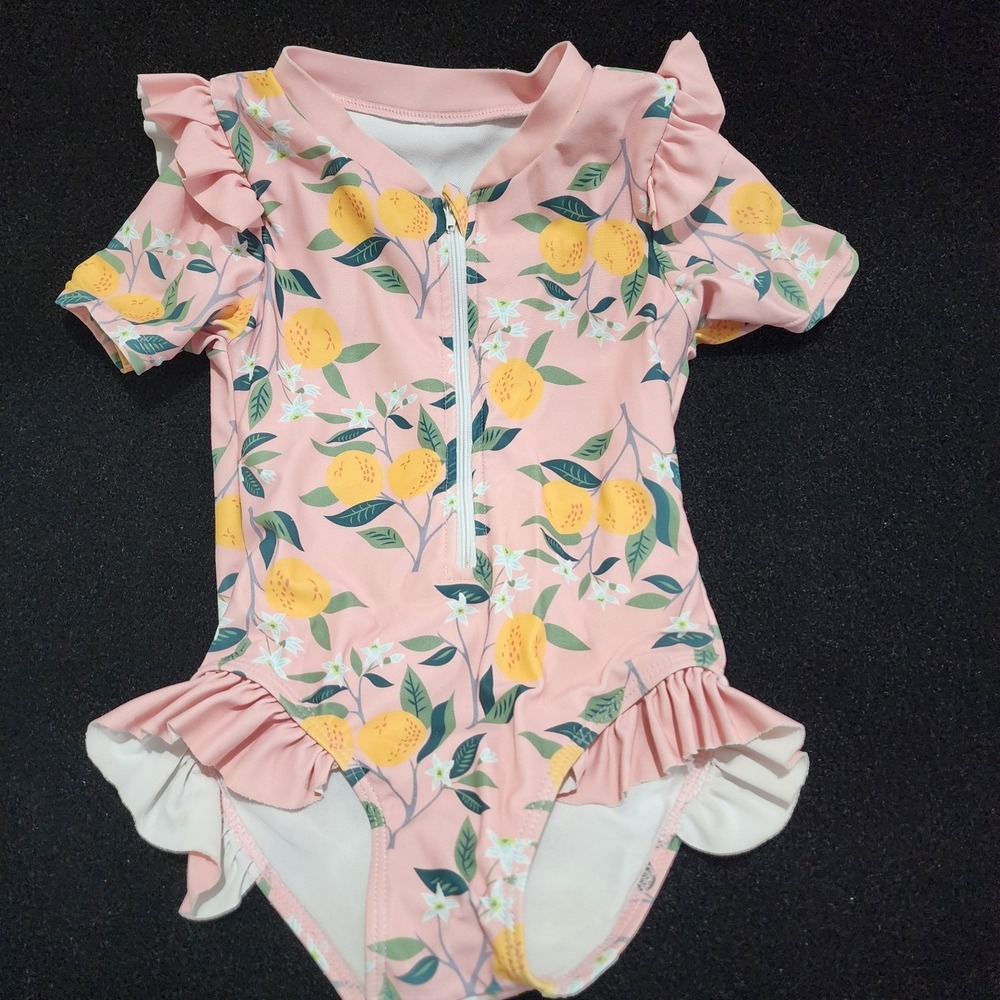 Pink Lemon Floral Print Baby Girls One Pc Swimsuit Ruffle Rash Guard Zip Front